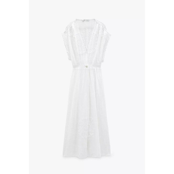 Zara Whimsical White Embroidered V-Neck Lace Cap Sleeves Maxi Dress Cover Up M - Picture 3 of 12